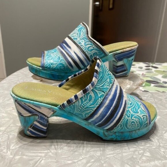 BNWOT Laura Vita France Turquoise Blue Colorful Heeled Sandals Size 36 - Picture 2 of 7
